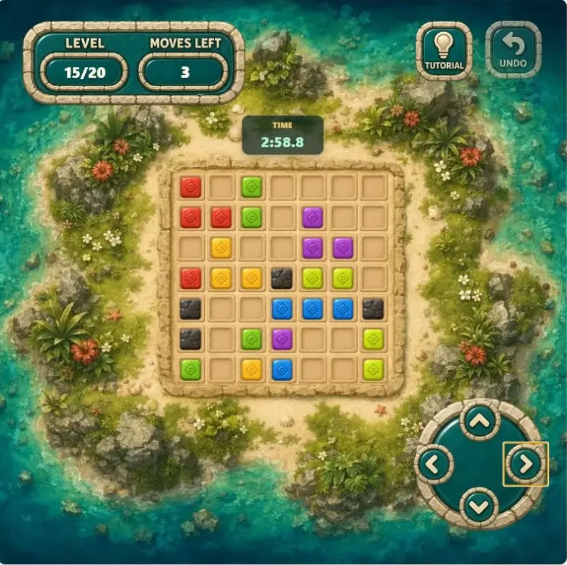 Google Color Tiles Level 15 sliding puzzle board with colored tiles and stone blockers